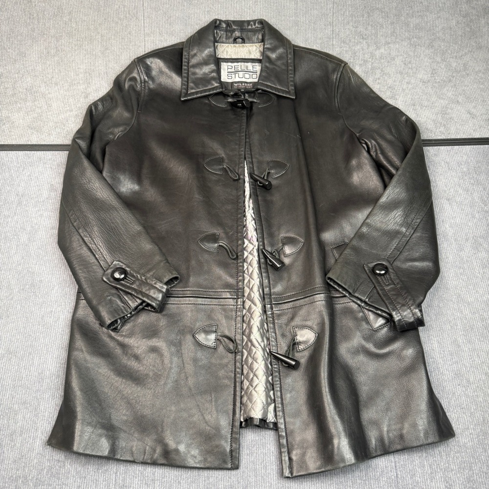 Pelle Studio Wilsons Leather Black Toggle Coat Jacket Mens Medium Quilted Lining